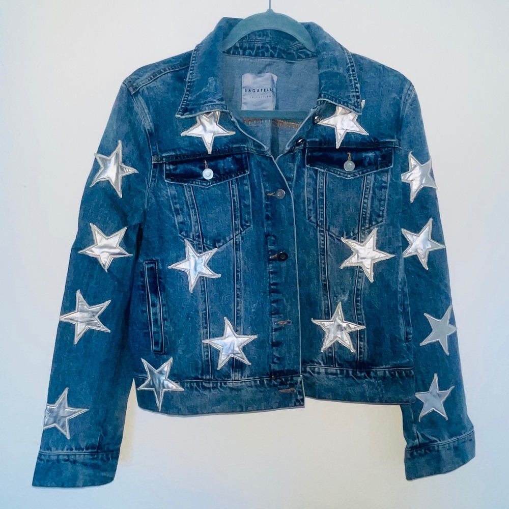 Bagatelle Womens Star Patch Denim Jacket Small Blue Acid Wash Metallic Silver